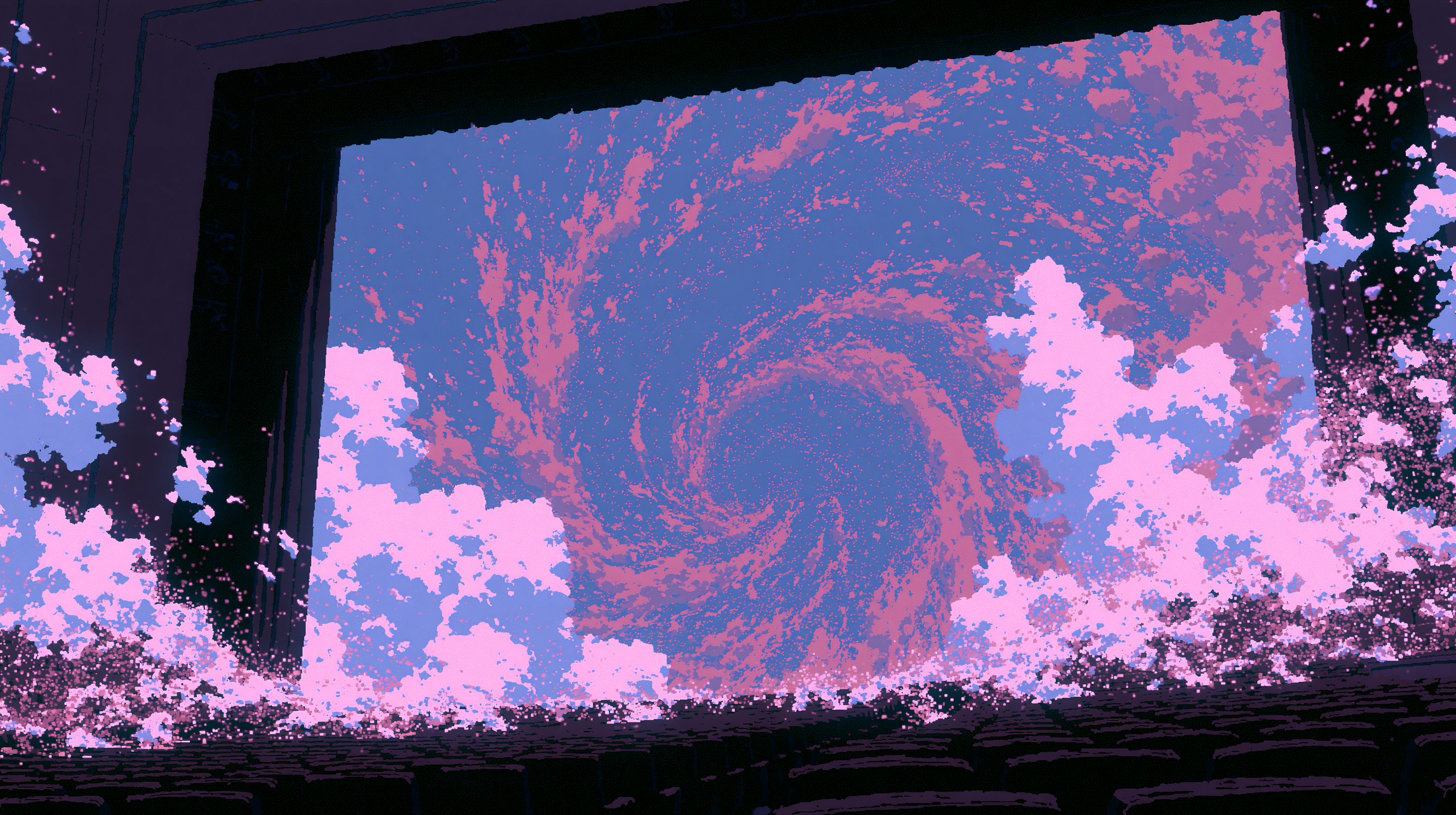 A monumental gate framing a pink and violet particle vortex